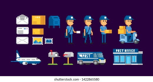 Mail set. Mail, mailbox, parcel, letter, postage stamps, mail van, aircraft, postmen. Pixel art. Old school computer graphic. 8 bit video game. Game assets 8-bit sprite.