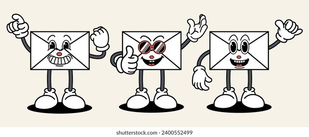 Mail set mascot of 70s groovy. Collection of cartoon,retro, groovy characters. Vector illustration.