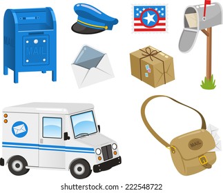 Mail Set, Post Box, Postal Stamp, Envelope, Package, Bag, Van. Vector Illustration Cartoon.