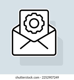 Correo con el icono de la línea de configuración. Configuración de brillo, configuración de resolución, funciones de dispositivo, calibración de gadget. Concepto de configuración. Icono de línea de emoticono de vectores en fondo blanco