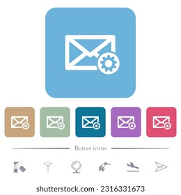 Mail settings white flat icons on color rounded square backgrounds. 6 bonus icons included