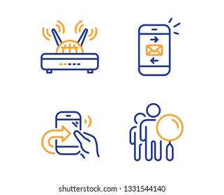 Mail, Share call and Wifi icons simple set. Search people sign. Smartphone communication, Phone support, Internet router. Find employee. Technology set. Linear mail icon. Colorful design set. Vector