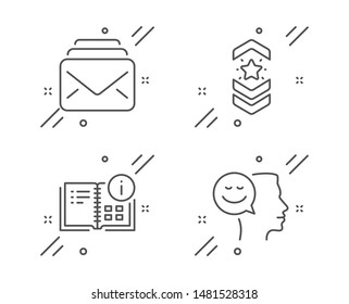Mail, Shoulder strap and Instruction info line icons set. Good mood sign. New messages, Star rank, Project. Positive thinking. Education set. Line mail outline icon. Vector