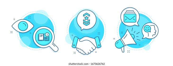Mail, Shoulder strap and Instruction info line icons set. Handshake deal, research and promotion complex icons. Good mood sign. New messages, Star rank, Project. Positive thinking. Vector