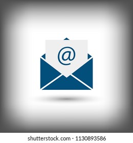 Mail sign icon or envelope icon with shadow for website design on a gray abstract background in flat style. Newsletter icon, message icon. Vector illustration, eps10