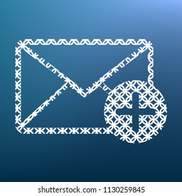 Mail sign illustration with add mark. Vector. White textured icon at lapis lazuli gradient background.