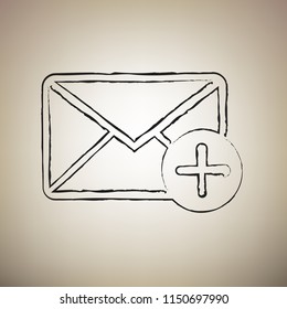 Mail sign illustration with add mark. Vector. Brush drawed black icon at light brown background.