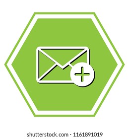 Mail sign illustration with add mark. Vector. White icon with black shadow at yellow green honeycomb on white background.