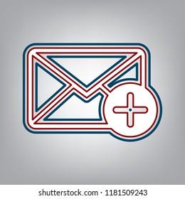 Mail sign illustration with add mark. Vector. Dark red, transparent and midnight green stroke of white icon at grayish background.