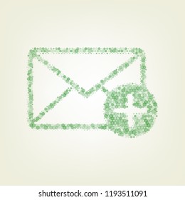 Mail sign illustration with add mark. Vector. Green hexagon rastered icon and noised opacity and size at light green background with central light.