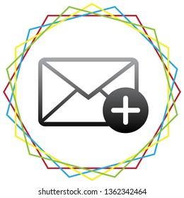 Mail sign illustration with add mark. Vector. Black icon with patch of light inside colorful hexagonal frames at white background.
