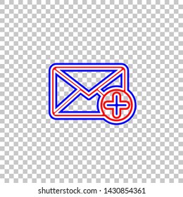 Mail sign illustration with add mark. Red, white and contour icon at transparent background. Illustration.