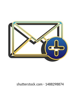 Mail sign illustration with add mark. Blue icon with gold contour with dark gray shadow at white background. Illustration.