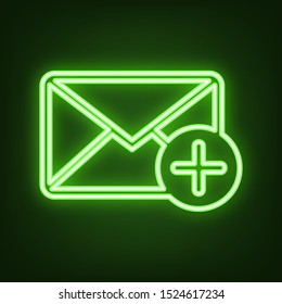 Mail sign illustration with add mark. Green neon icon in the dark. Blurred lightening. Illustration.