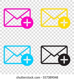 Mail sign illustration with add mark. CMYK icons on transparent background. Cyan, magenta, yellow, key, black.