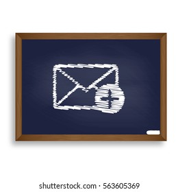 Mail sign illustration with add mark. White chalk icon on blue school board with shadow as background. Isolated.