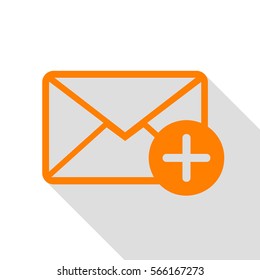 Mail sign illustration with add mark. Orange icon with flat style shadow path.