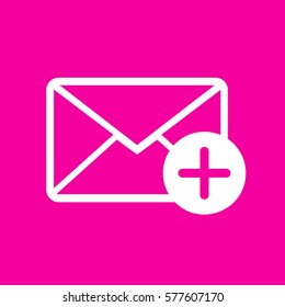 Mail sign illustration with add mark. White icon at magenta background.