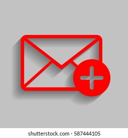 Mail sign illustration with add mark. Vector. Red icon with soft shadow on gray background.