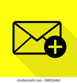 Mail sign illustration with add mark. Black icon with flat style shadow path on yellow background.
