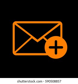 Mail sign illustration with add mark. Orange icon on black background.
