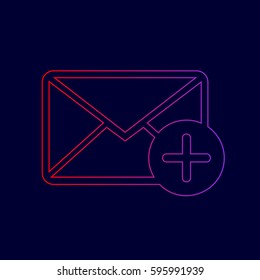 Mail sign illustration with add mark. Vector. Line icon with gradient from red to violet colors on dark blue background.
