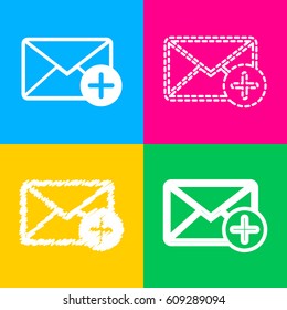 Mail sign illustration with add mark. Four styles of icon on four color squares.