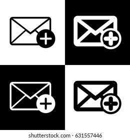 Mail sign illustration with add mark. Vector. Black and white icons and line icon on chess board.