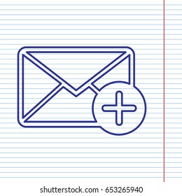 Mail sign illustration with add mark. Vector. Navy line icon on notebook paper as background with red line for field.