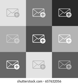 Mail sign illustration with add mark. Vector. Grayscale version of Popart-style icon.