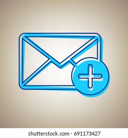 Mail sign illustration with add mark. Vector. Sky blue icon with blue contour on beige background.
