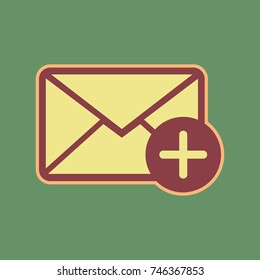Mail sign illustration with add mark. Vector. Cordovan icon and mellow apricot halo with light khaki filled space at russian green background.