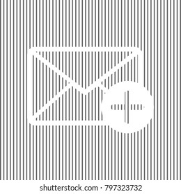 Mail sign illustration with add mark. Vector. White icon on grayish striped background. Optical illusion.