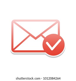 Mail sign illustration with allow mark. Vector. Reddish icon with white and gray shadow on white background. Isolated.