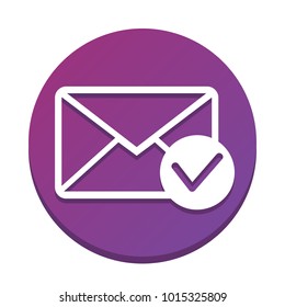 Mail sign illustration with allow mark. Vector. White icon with flat shadow on purpureus circle at white background. Isolated.