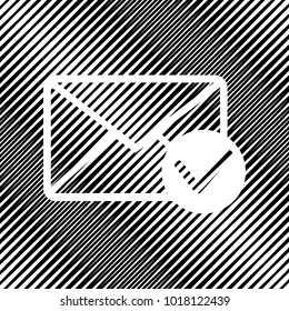 Mail sign illustration with allow mark. Vector. Icon. Hole in moire background.