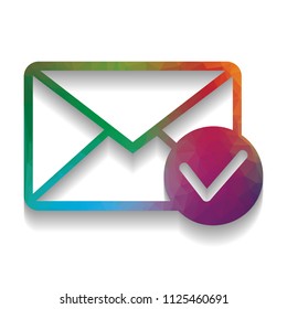 Mail sign illustration with allow mark. Vector. Colorful icon with bright texture of mosaic with soft shadow on white background. Isolated.