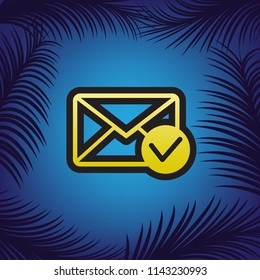 Mail sign illustration with allow mark. Vector. Golden icon with black contour at blue background with branches of palm trees.