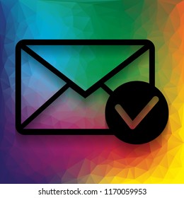 Mail sign illustration with allow mark. Vector. Flat style black icon on white.