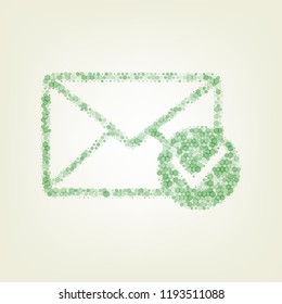 Mail sign illustration with allow mark. Vector. Green hexagon rastered icon and noised opacity and size at light green background with central light.