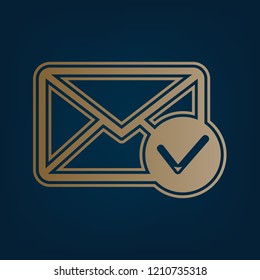 Mail sign illustration with allow mark. Vector. Golden icon and border at dark cyan background.
