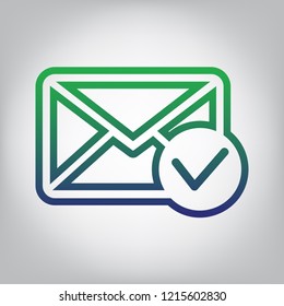 Mail sign illustration with allow mark. Vector. Green to blue gradient contour icon at grayish background with light in center.