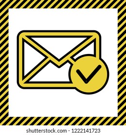 Mail sign illustration with allow mark. Vector. Warm yellow icon with black contour in frame named as under construction at white background. Isolated.