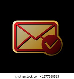 Mail sign illustration with allow mark. Vector. Red icon with small black and limitless shadows at golden sticker on black background.