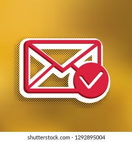 Mail sign illustration with allow mark. Vector. Magenta icon with darker shadow, white sticker and black popart shadow on golden background.