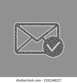 Mail sign illustration with allow mark. Vector. Black maze filled icon with white border at gray background.