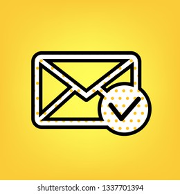 Mail sign illustration with allow mark. Vector. Yellow polka dot white icon with black contour at warm yellow background.