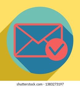 Mail sign illustration with allow mark. Sunset orange icon with llapis lazuli shadow inside medium aquamarine circle with different goldenrod shadow at royal yellow background.