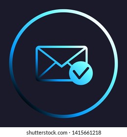 Mail sign illustration with allow mark. White, cyan and blue gradient icon as round button in white shell at dark blue background. Illustration.