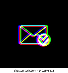 Mail sign illustration with allow mark. Red, green and blue unfocused contour icon at black background. Illustration.